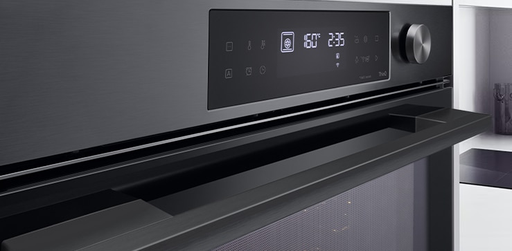 Close-up image of oven showing matte black finish.